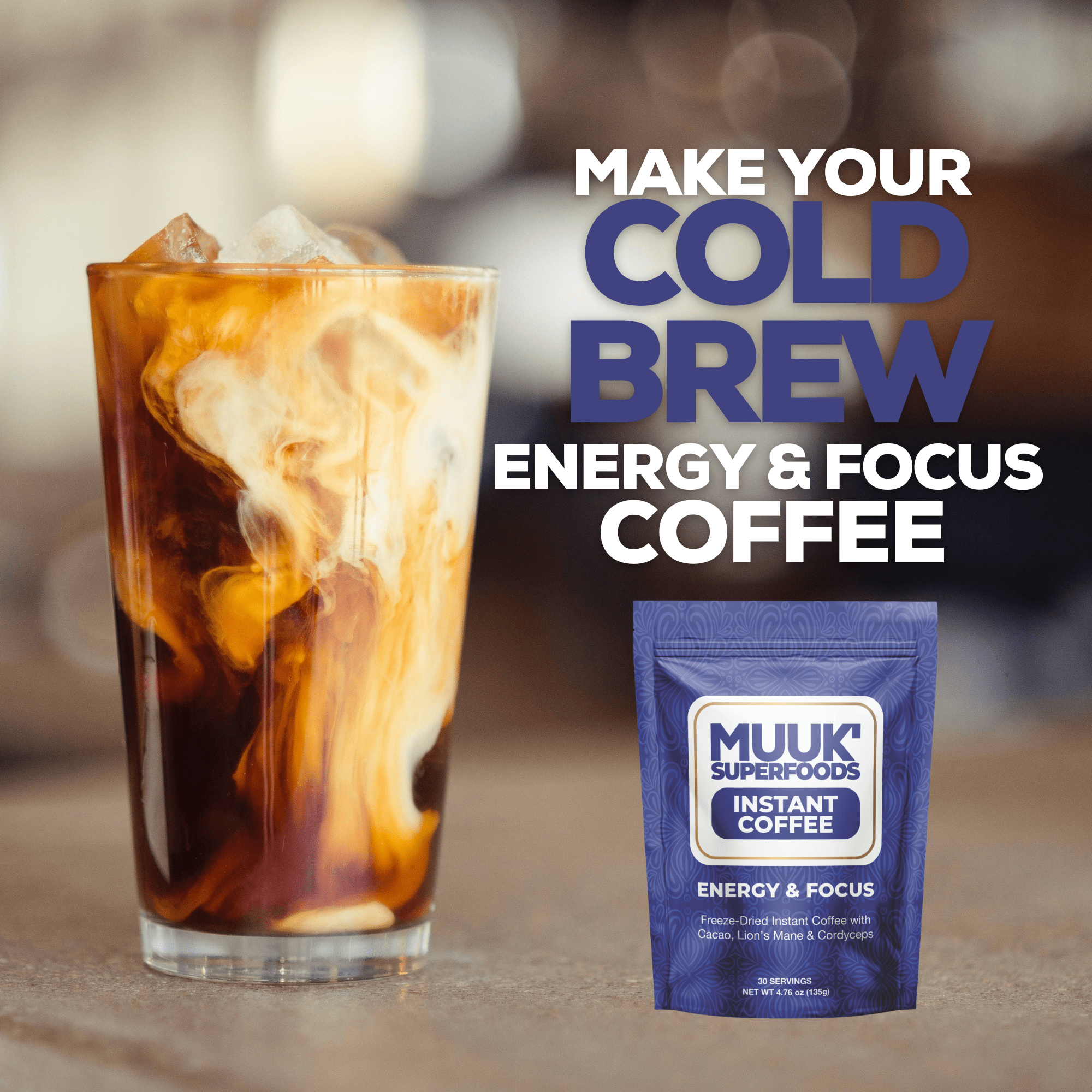 MUUK' ENERGY & FOCUS | Instant Mushroom Coffee | 4.7oz (135g) 30 Servings - MUUK' SUPERFOODS