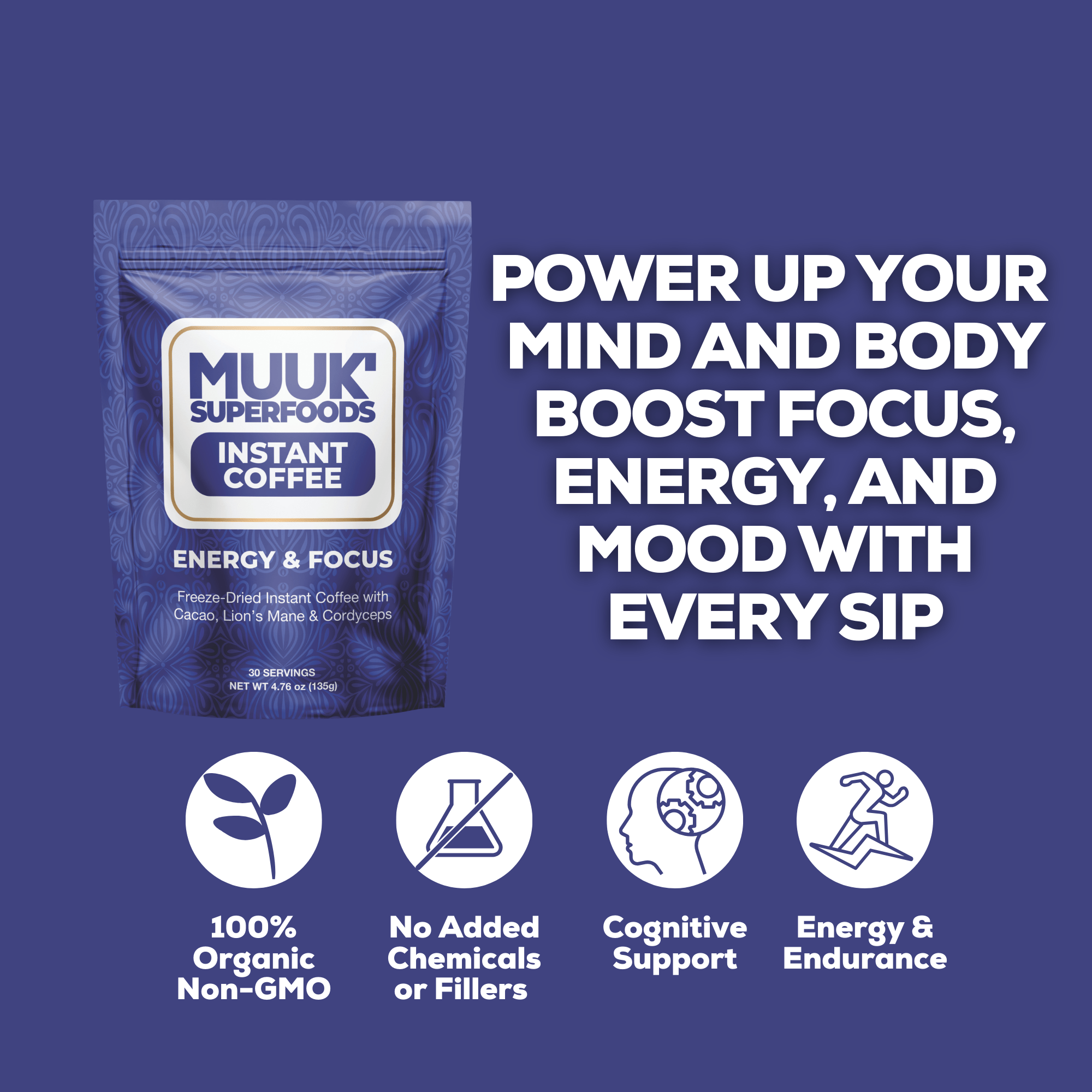MUUK' ENERGY & FOCUS | Instant Mushroom Coffee | 4.7oz (135g) 30 Servings - MUUK' SUPERFOODS