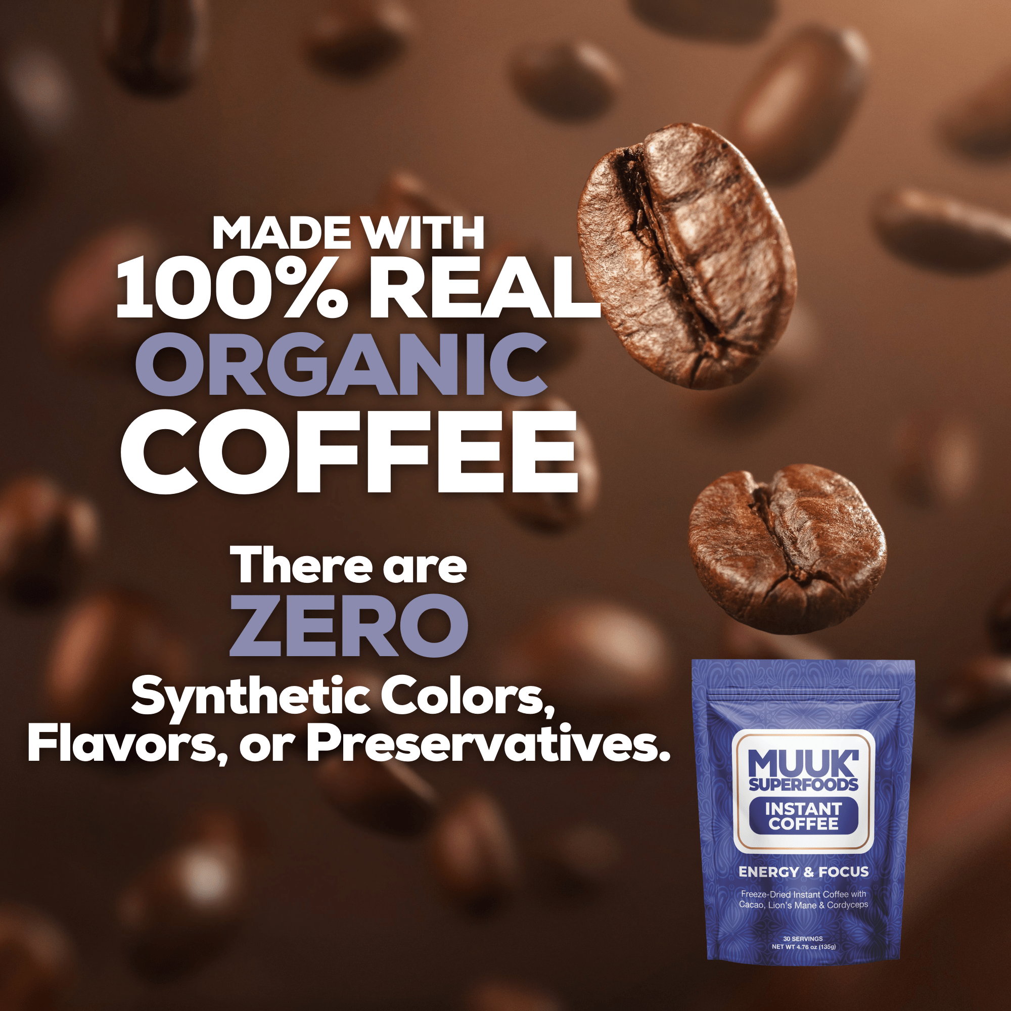 MUUK' ENERGY & FOCUS | Instant Mushroom Coffee | 4.7oz (135g) 30 Servings - MUUK' SUPERFOODS