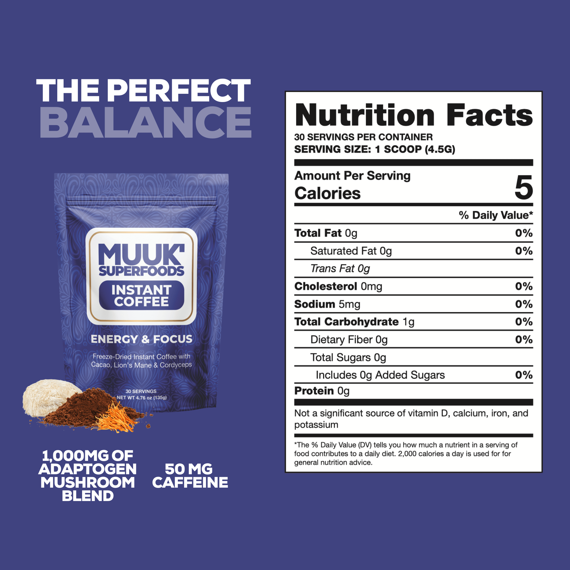 MUUK' ENERGY & FOCUS | Instant Mushroom Coffee | 4.7oz (135g) 30 Servings - MUUK' SUPERFOODS