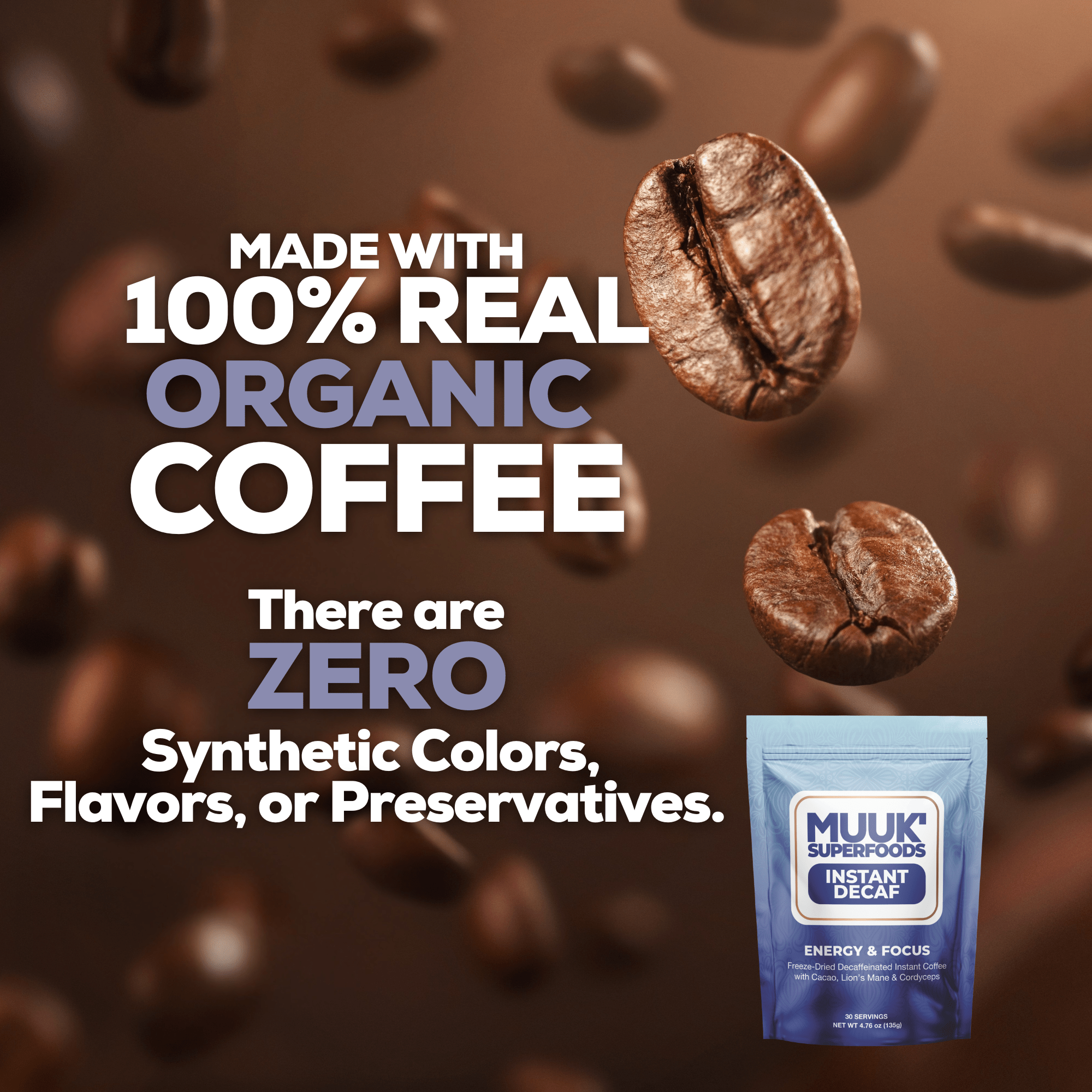 MUUK' ENERGY & FOCUS | Instant Mushroom Decaf | 4.7oz (135g) 30 Servings - MUUK' SUPERFOODS