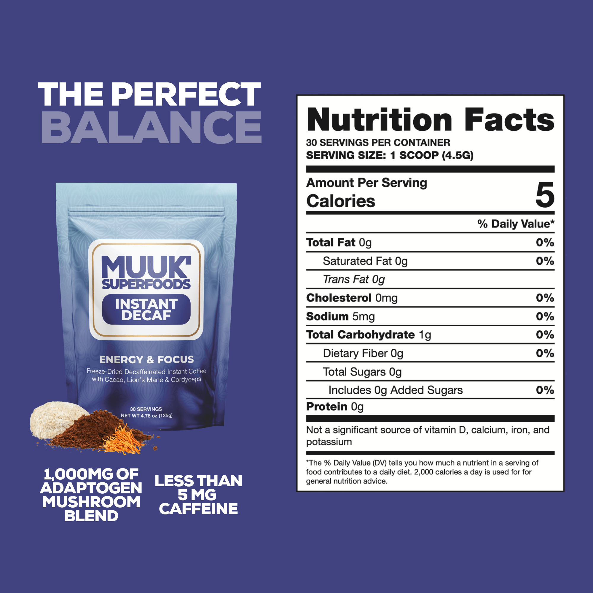 MUUK' ENERGY & FOCUS | Instant Mushroom Decaf | 4.7oz (135g) 30 Servings - MUUK' SUPERFOODS