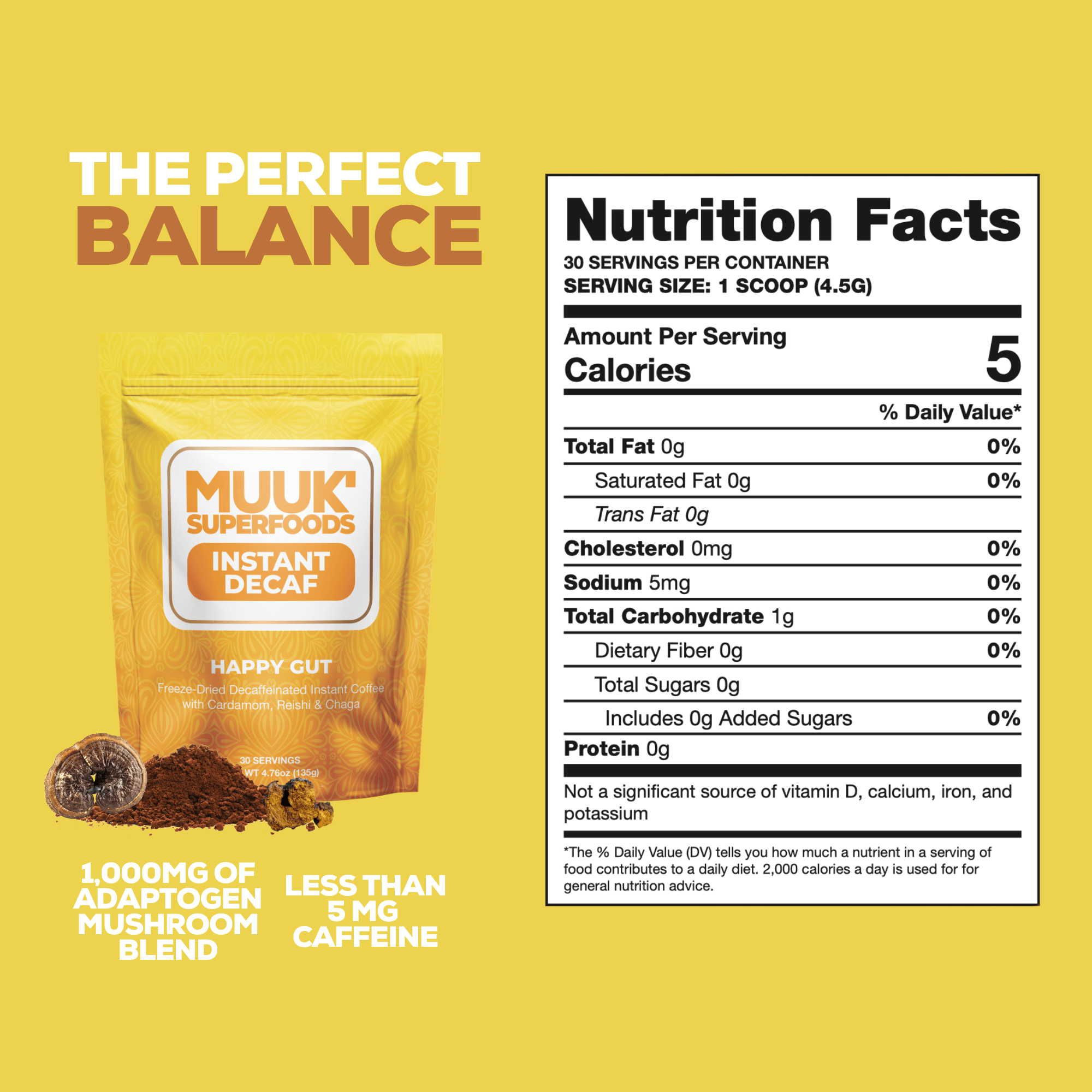 MUUK' HAPPY GUT DECAF | Instant Mushroom Decaf | 4.7oz (135g) 30 Servings - MUUK' SUPERFOODS