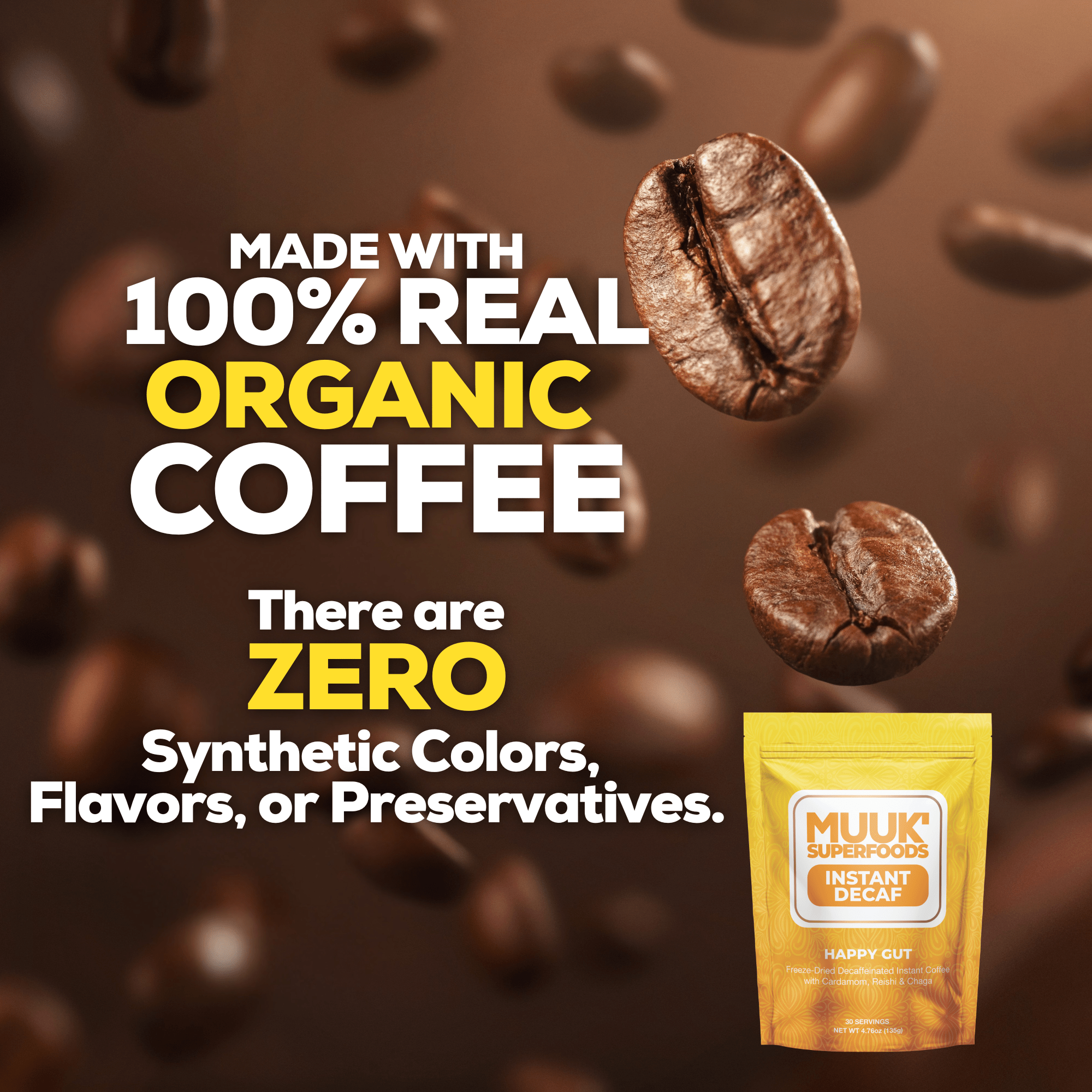 MUUK' HAPPY GUT DECAF | Instant Mushroom Decaf | 4.7oz (135g) 30 Servings - MUUK' SUPERFOODS