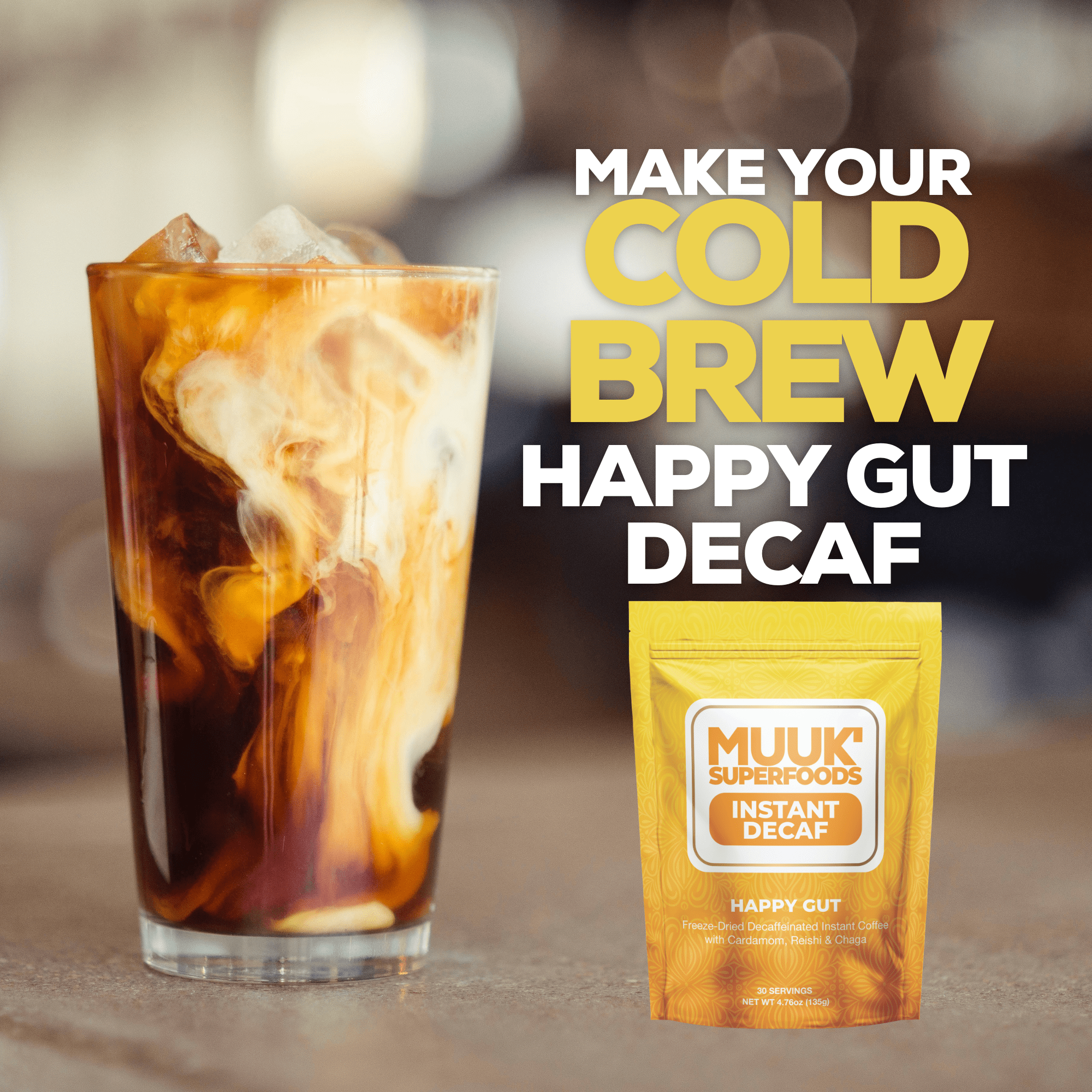 MUUK' HAPPY GUT DECAF | Instant Mushroom Decaf | 4.7oz (135g) 30 Servings - MUUK' SUPERFOODS