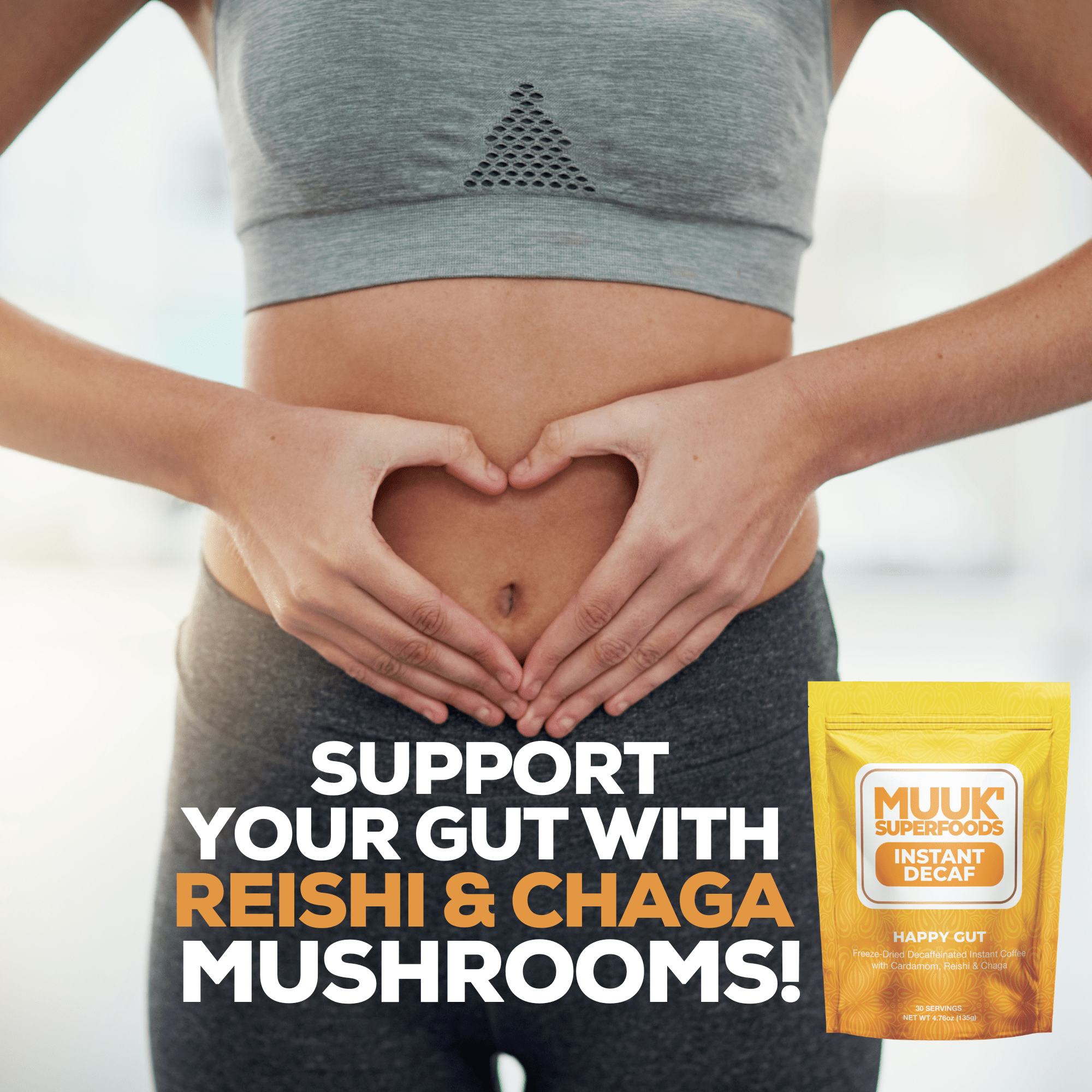 MUUK' HAPPY GUT DECAF | Instant Mushroom Decaf | 4.7oz (135g) 30 Servings - MUUK' SUPERFOODS