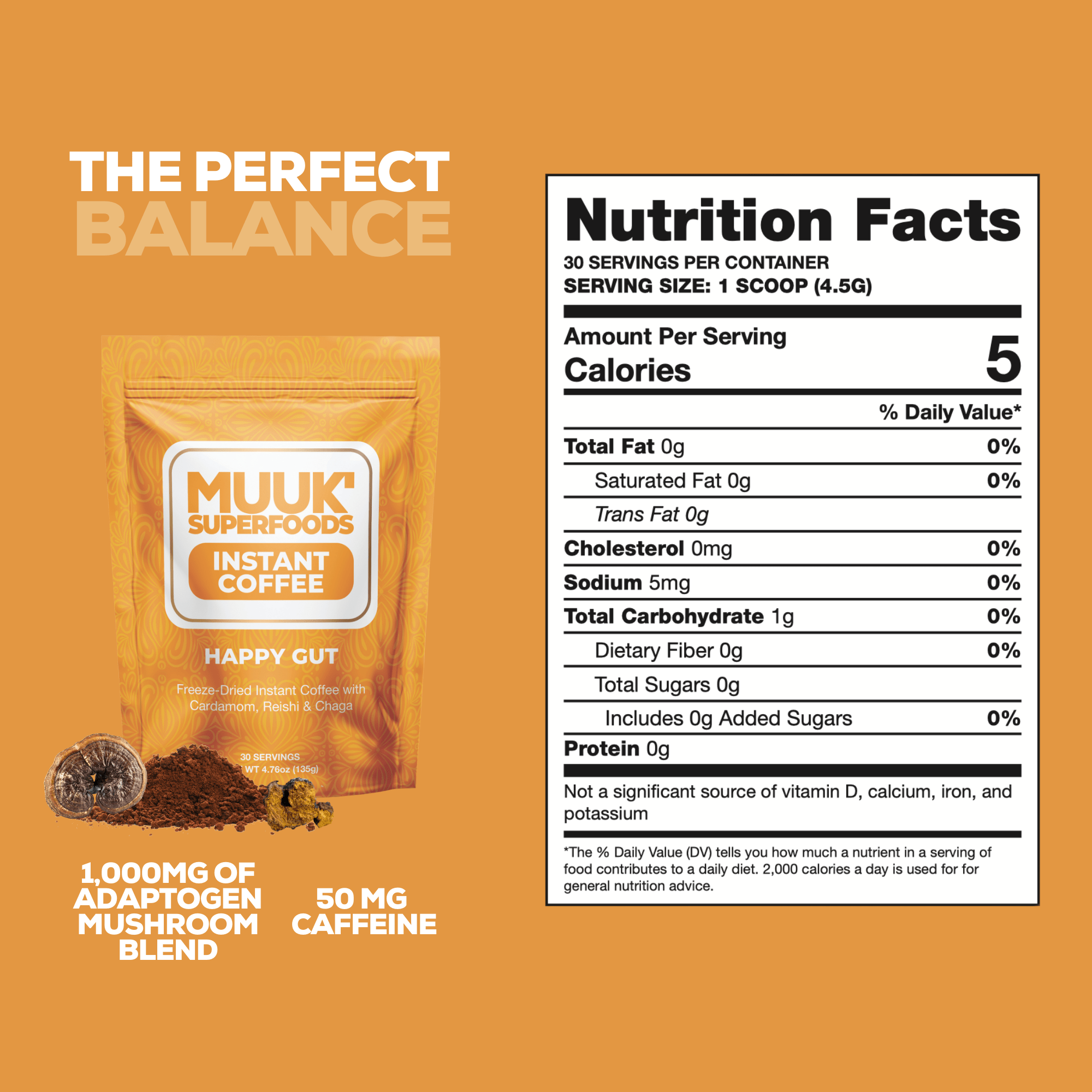 MUUK' HAPPY GUT | Instant Mushroom Coffee | 4.7oz (135g) 30 Servings - MUUK' SUPERFOODS