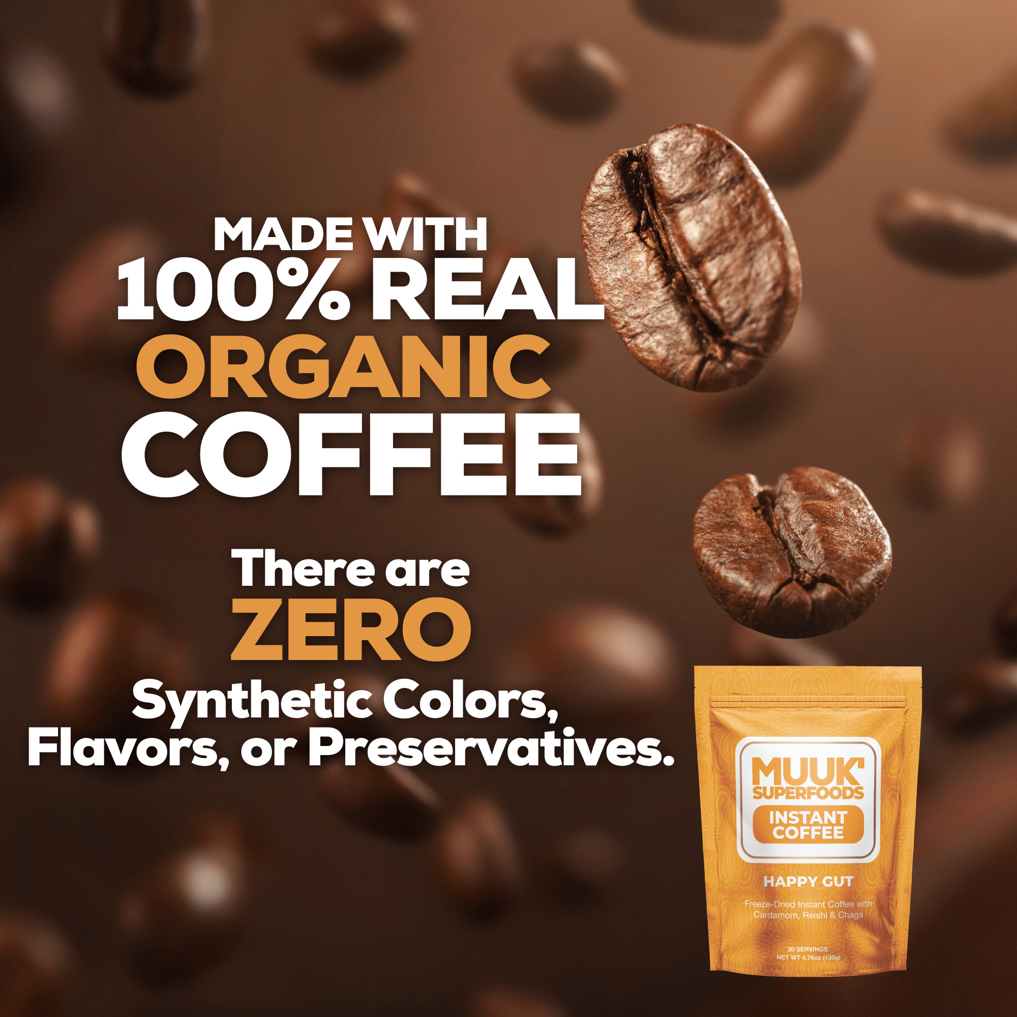MUUK' HAPPY GUT | Instant Mushroom Coffee | 4.7oz (135g) 30 Servings - MUUK' SUPERFOODS