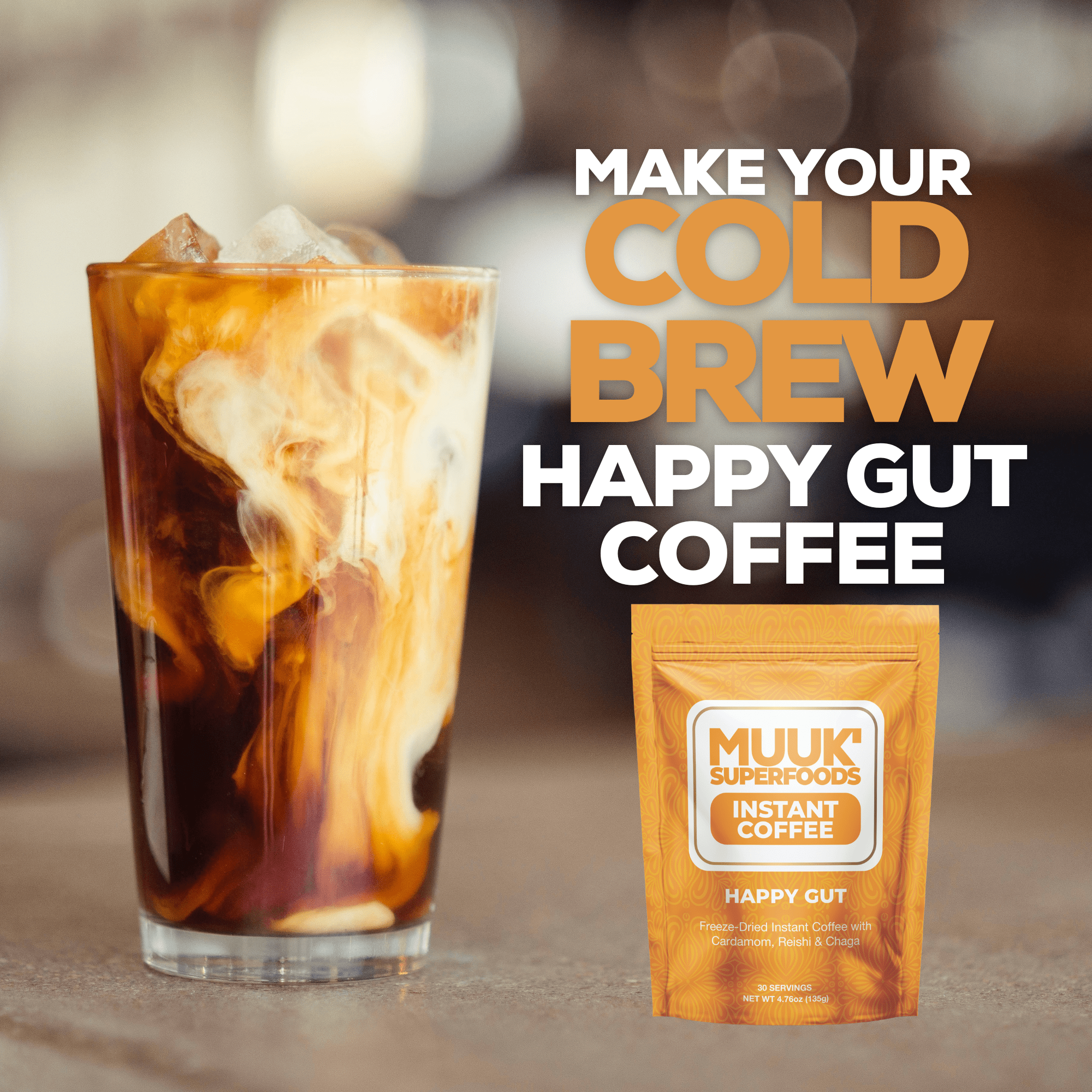 MUUK' HAPPY GUT | Instant Mushroom Coffee | 4.7oz (135g) 30 Servings - MUUK' SUPERFOODS