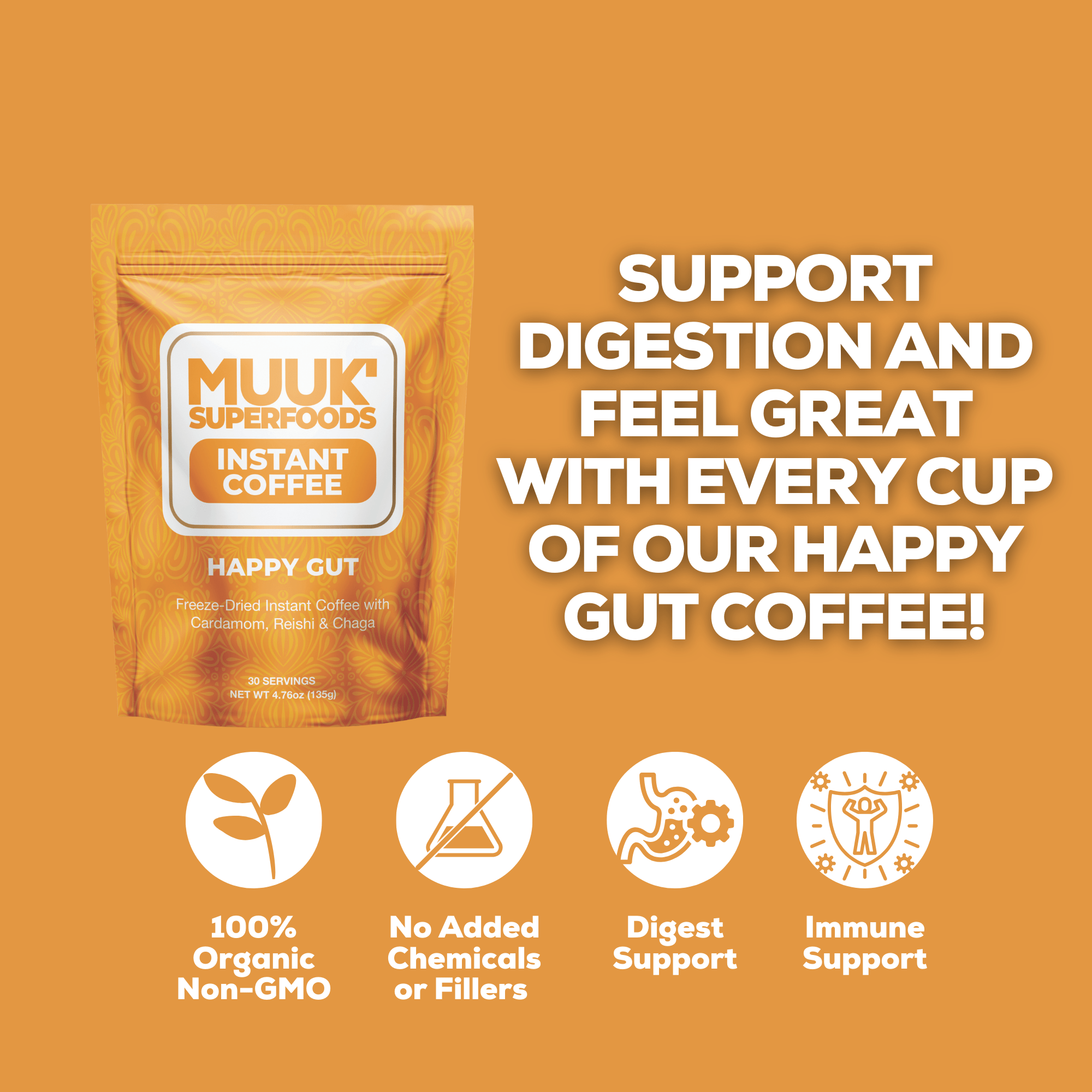 MUUK' HAPPY GUT | Instant Mushroom Coffee | 4.7oz (135g) 30 Servings - MUUK' SUPERFOODS