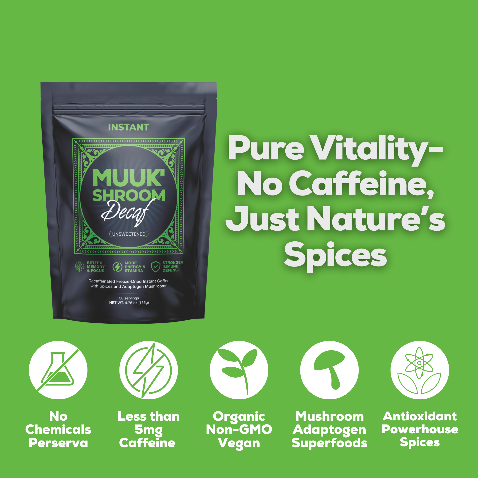 MUUK' SHROOM DECAF | Decaffeinated Instant Mushroom Coffee | Spice & Adaptogen Mushroom Blend | 145g 30 cups - MUUK' SUPERFOODS