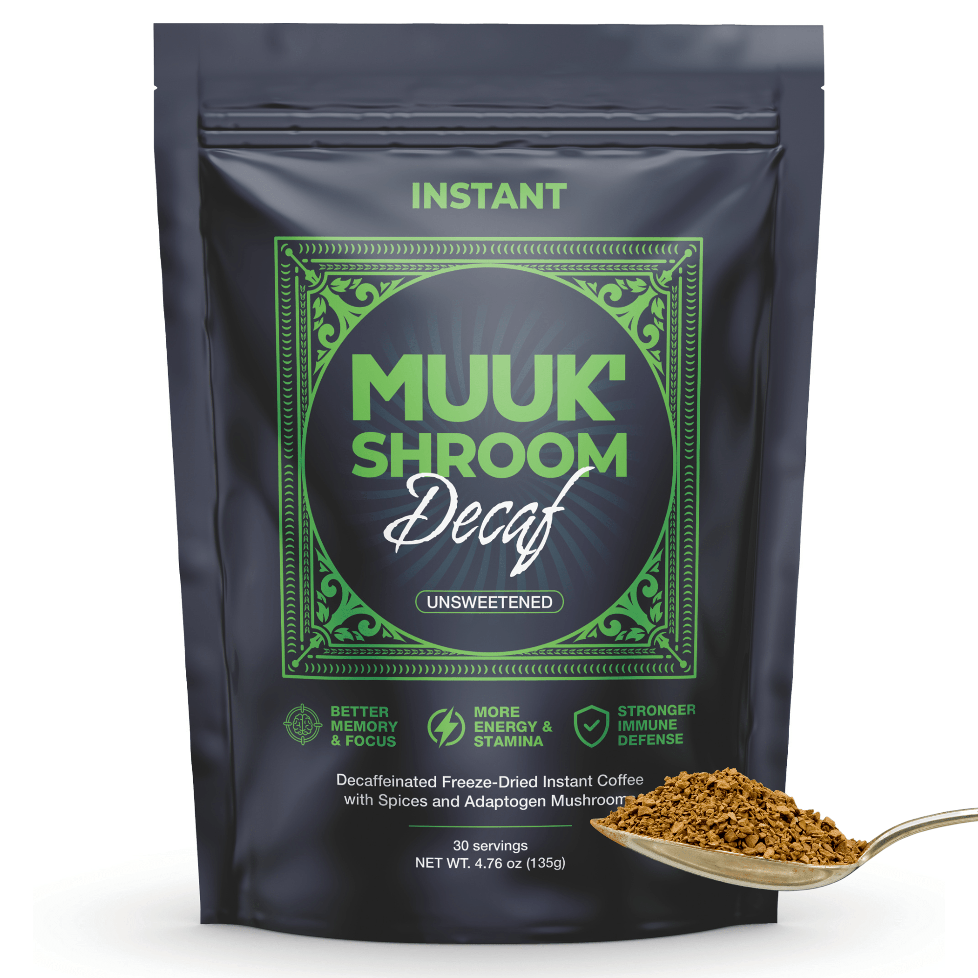 MUUK' SHROOM DECAF | Decaffeinated Instant Mushroom Coffee | Spice & Adaptogen Mushroom Blend | 145g 30 cups - MUUK' SUPERFOODS