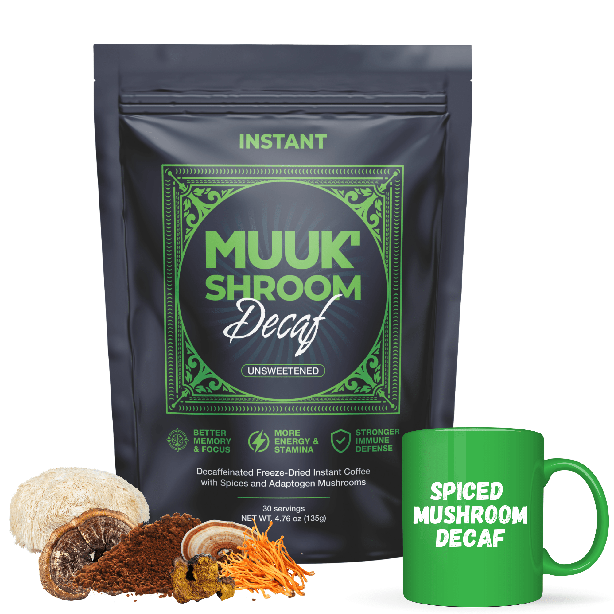 MUUK' SHROOM DECAF | Decaffeinated Instant Mushroom Coffee | Spice & Adaptogen Mushroom Blend | 145g 30 cups - MUUK' SUPERFOODS