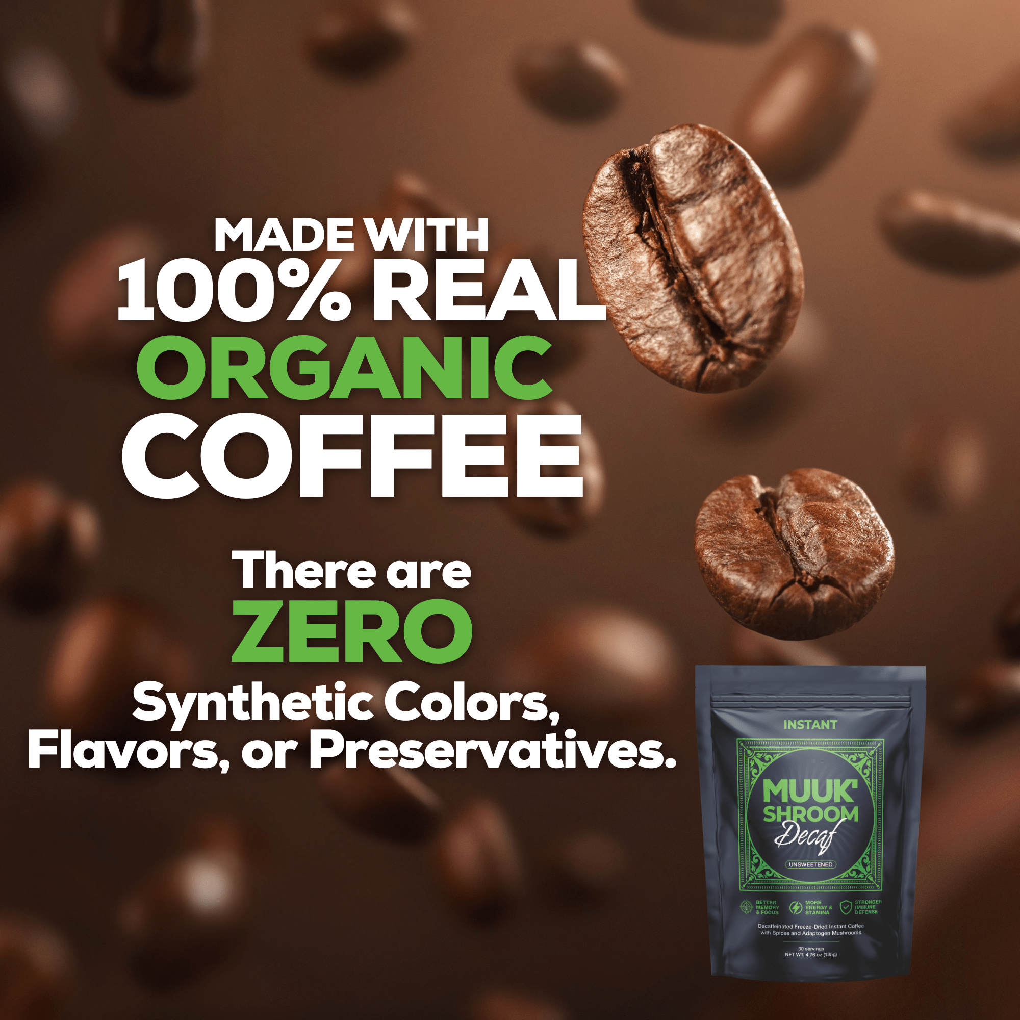 MUUK' SHROOM DECAF | Decaffeinated Instant Mushroom Coffee | Spice & Adaptogen Mushroom Blend | 145g 30 cups - MUUK' SUPERFOODS