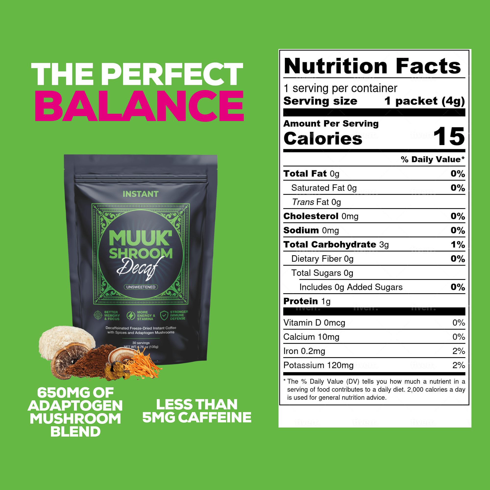 MUUK' SHROOM DECAF | Decaffeinated Instant Mushroom Coffee | Spice & Adaptogen Mushroom Blend | 145g 30 cups - MUUK' SUPERFOODS