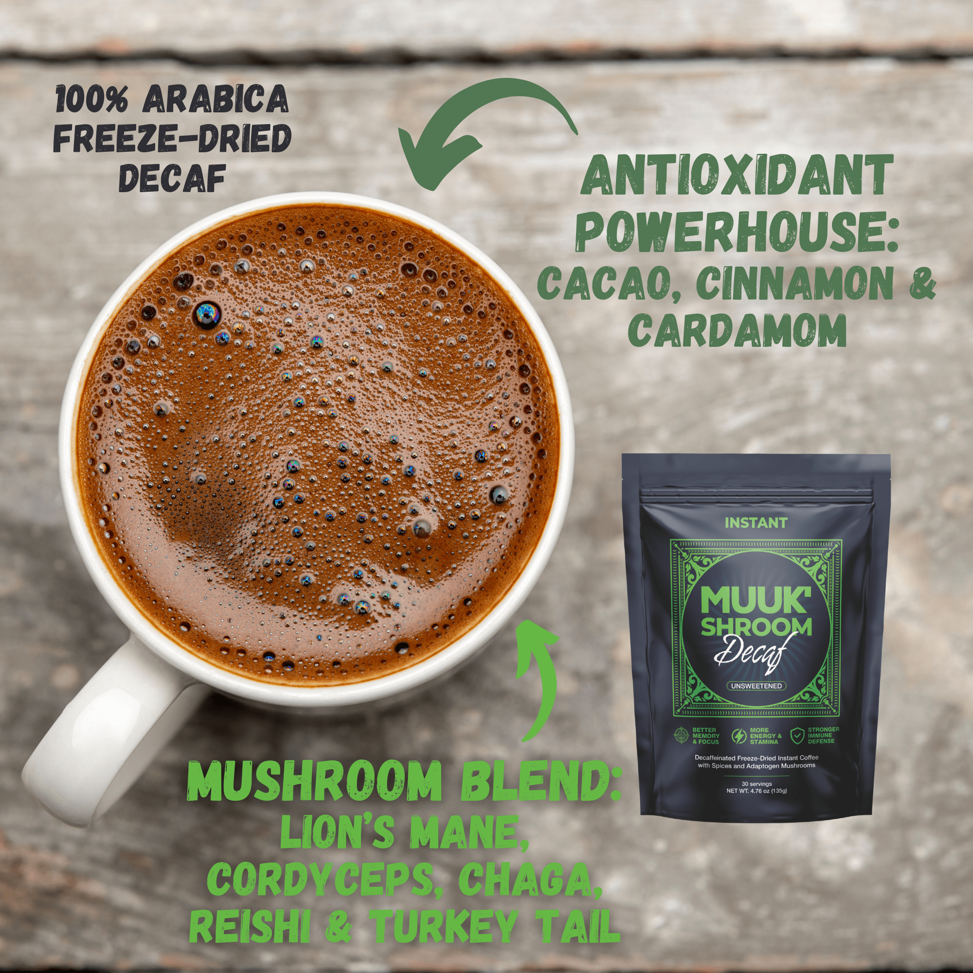 MUUK' SHROOM DECAF | Decaffeinated Instant Mushroom Coffee | Spice & Adaptogen Mushroom Blend | 145g 30 cups - MUUK' SUPERFOODS