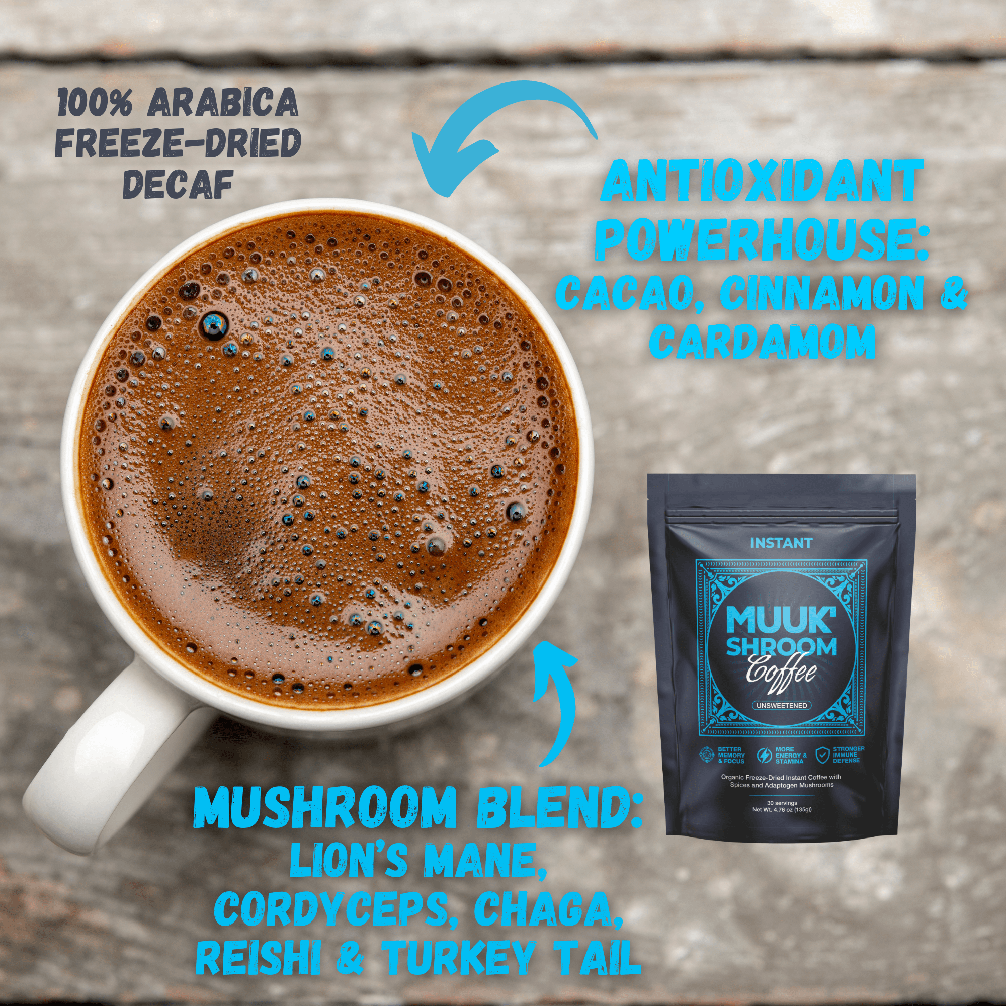 MUUK' SPICED COFFEE | Instant Mushroom Coffee | Spice & Adaptogen Mushroom Blend | 145g 30 cups - MUUK' SUPERFOODS
