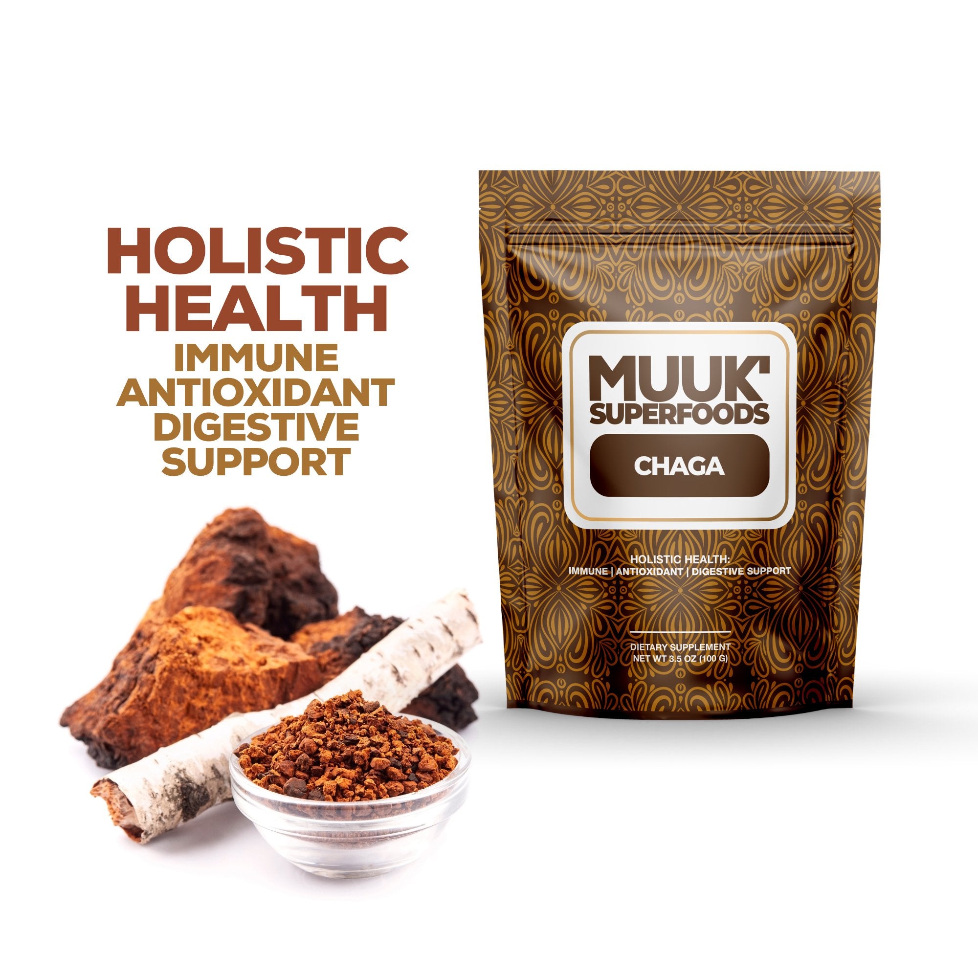 Organic CHAGA Mushroom Powder | Holistic Health: Immune, Antioxidant & Digestive Support - MUUK' SUPERFOODS US